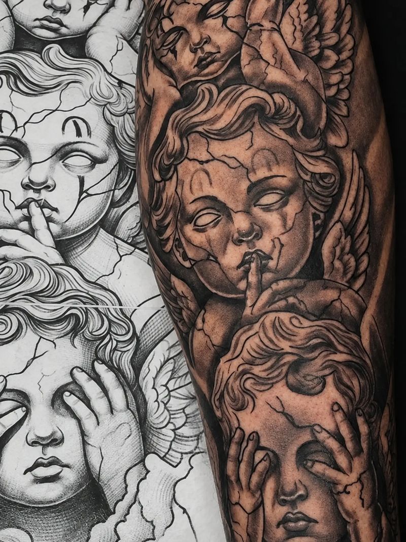 Tatuagem em preto e cinza de três anjos de pedra rachada no braço, ao lado do desenho original, por Davi Pimentel Tattoo